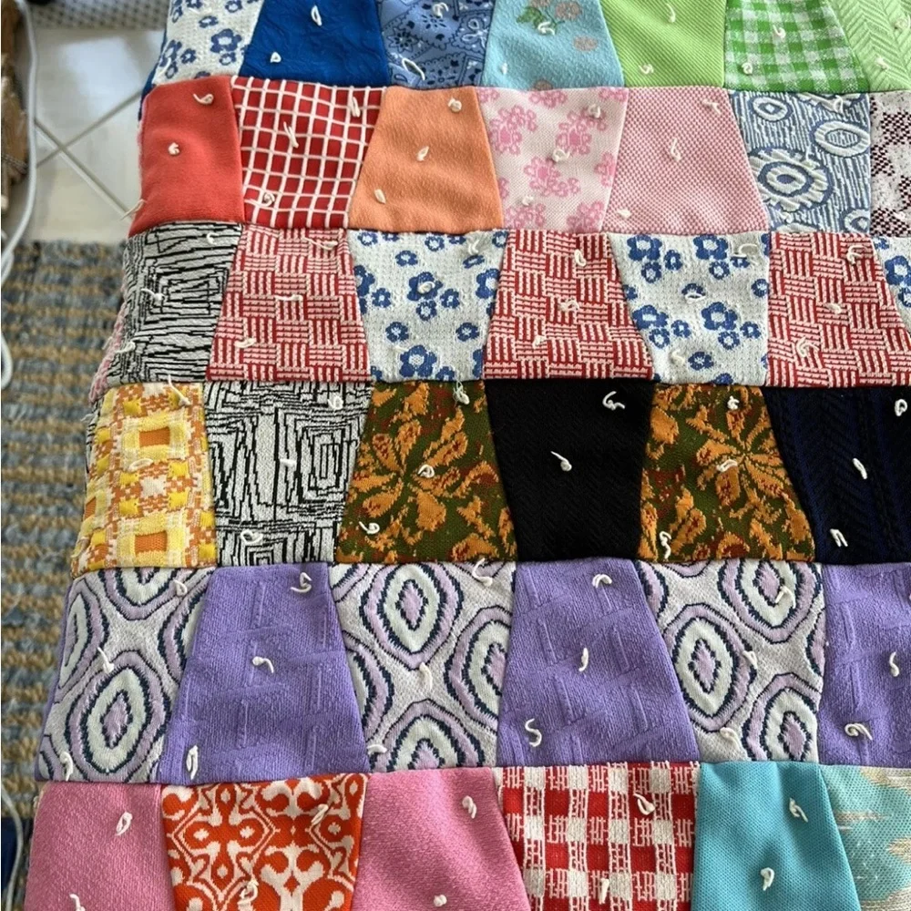 Patchwork Floral Quilt Throw Handmade Cotton Poly Red Black Blue Vintage 70s 80s
